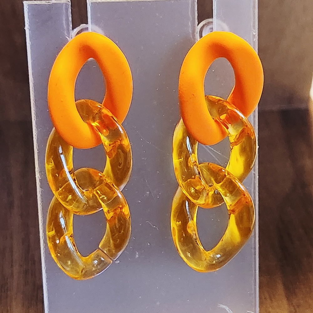 Orange Matte and Amber Translucent Acrylic Chain Link Drop‎ Statement Earrings